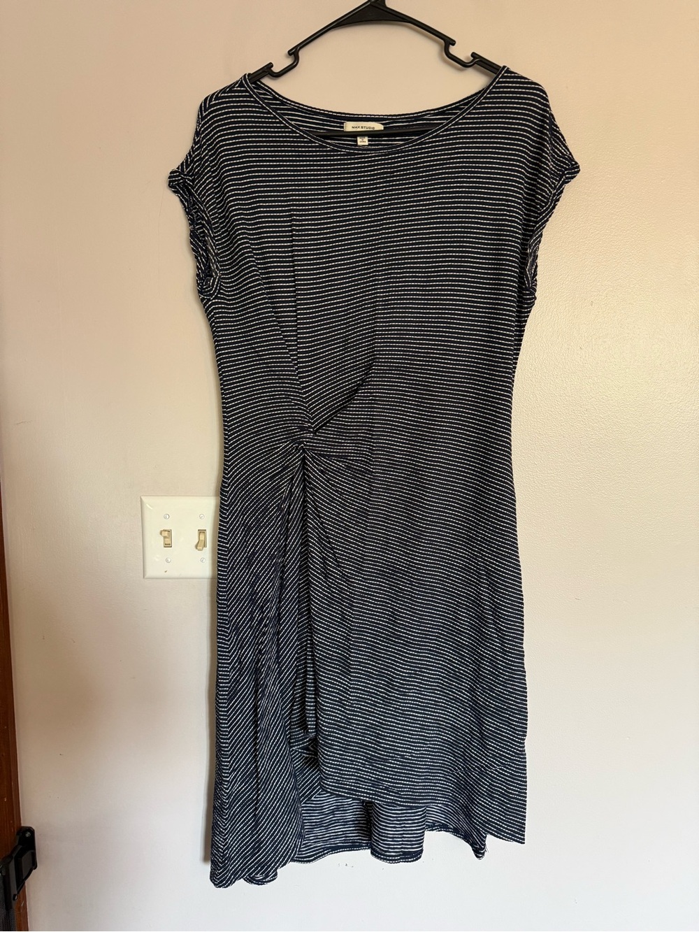 Max Studio Navy and White Striped Midi Dress with Twist Detail